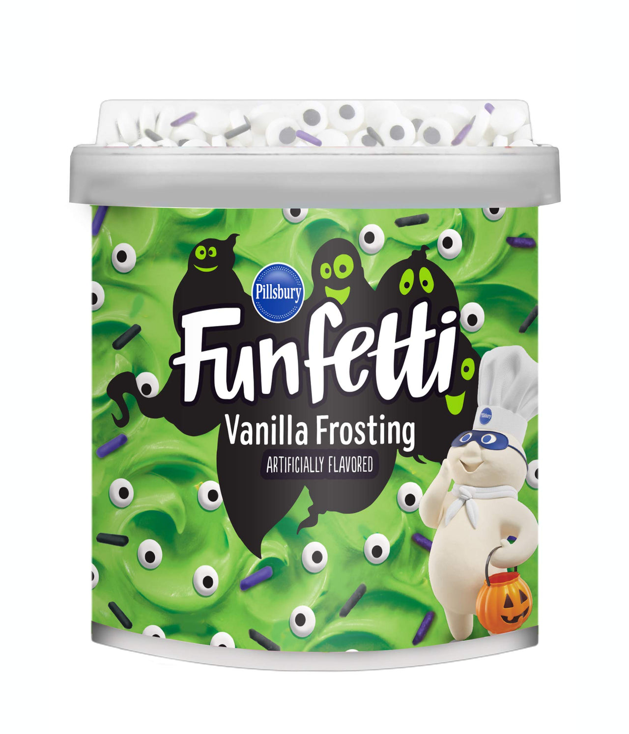 Pillsbury funfetti chocolate cake mix with colored bits and funfetti green vanilla frosting Halloween Theme