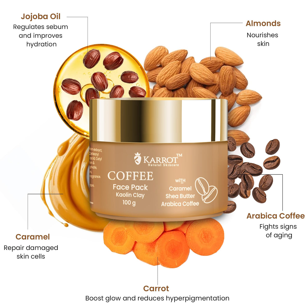 Karrot Natural Skincare Coffee De Tan Face Pack, Removes Tanning, Tightens Pores and Smoothens Texture, Contains Shea Butter, Carrot Seed Oil, Jojoba Oil, For Women and Men, All Skin Types, 100gms