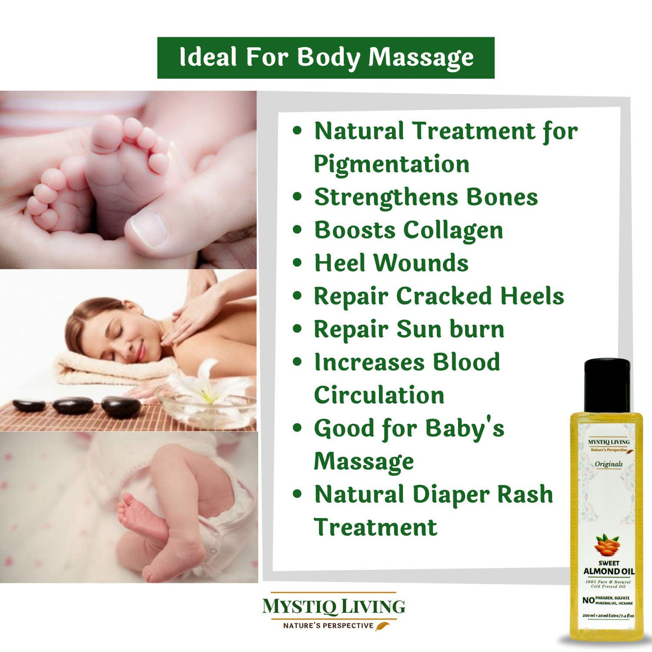 Mystiq Living Extra Virgin Olive Oil & Sweet Almond Oil Combo | For Hair, Skin And Baby Massage | Cold Pressed, Pure & Natural -400 ML (200 ML Each)