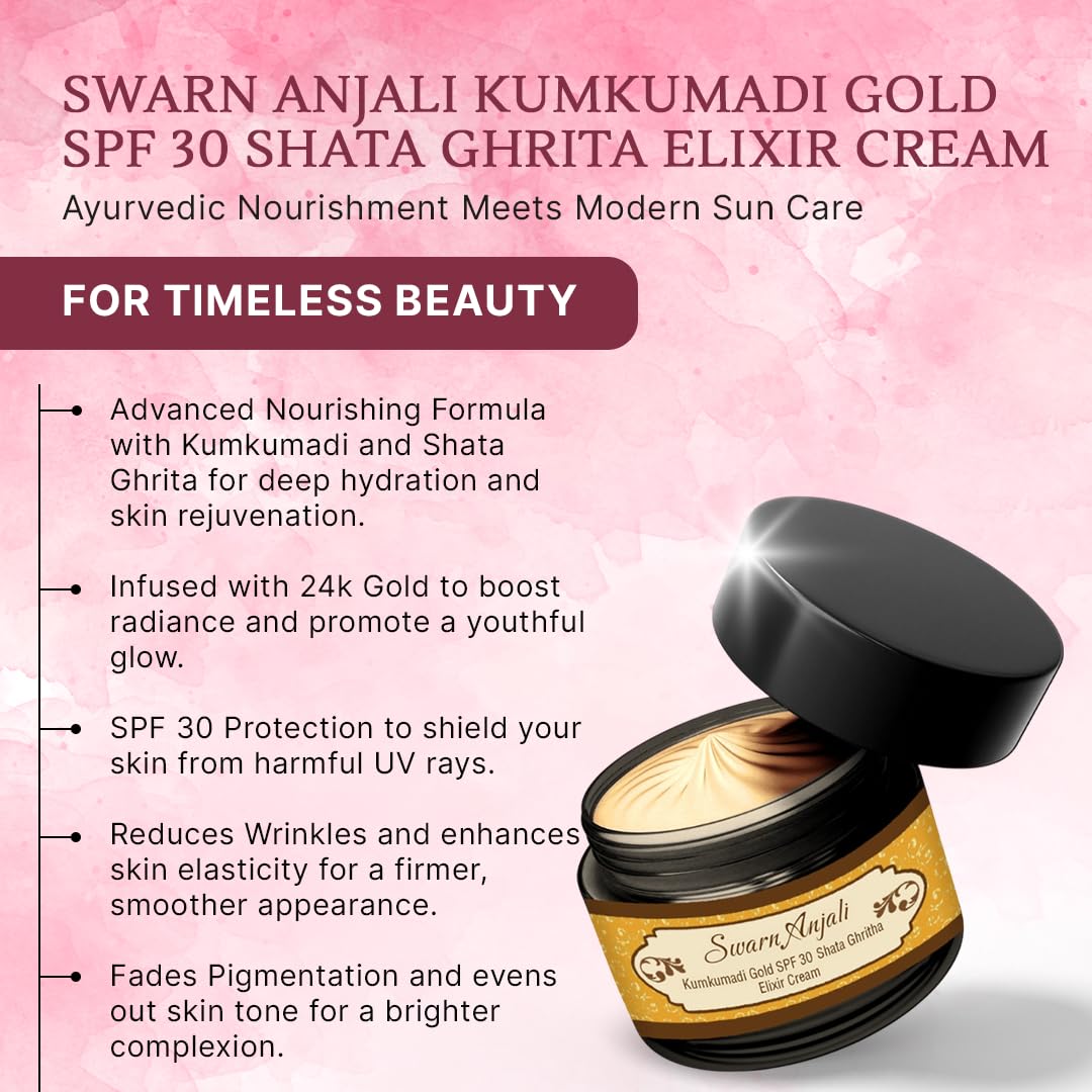 Herbs & Greens Kumkumadi Gold SPF 30 PA ++++ Shata Ghrita Elixir Face Cream with Precious Herbs, Desi Cow Ghee, 24k Gold, and SPF 30 for Collagen Boost, Radiant and Nourished Skin | Day Moisturizer With Sunscreen For Woman & Men | All Skin Types | 50gm