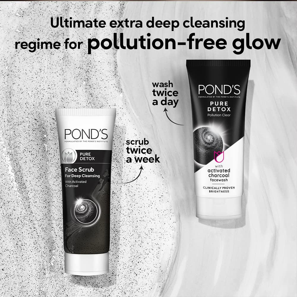 POND'S Pure Detox Face Wash 200 g, Daily Exfoliating & Brightening Cleanser, Deep Cleans Oily Skin - With Activated Charcoal for Fresh, Glowing Skin (Pack of 2)