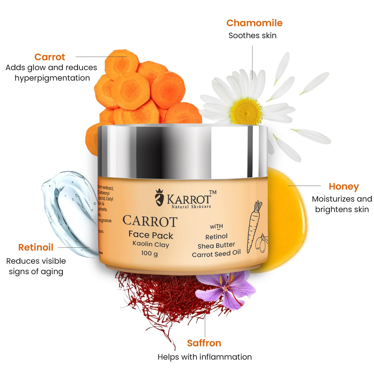 Karrot Natural Skincare Carrot Face Pack for Brightening Skin, Carrot Nourishing Facial Pack, Enhances Complexion and Evens Tone, Contains Retinol, Squalane, Honey and Shea Butter, For Women and Men, All Skin Types, 100 gms