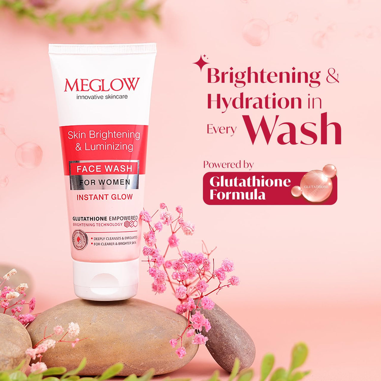 Meglow Skin Brightening & Luminizing Face Wash | Removes Dirt & Impurities for Instant Glow | Enriched with Vitamin C & Aloe Vera to Hydrate, Refresh & Revitalize Skin Pack of 2 (100g each)