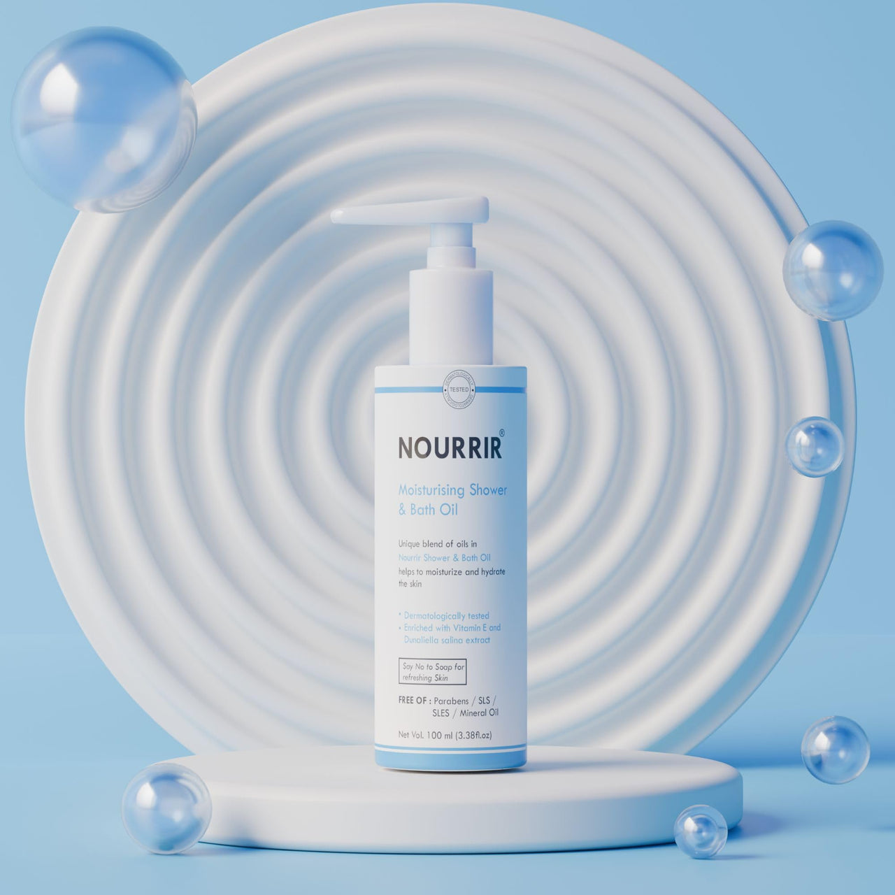 NOURRIR Hyper Moisturizing Shower & Bath Oil, All Skin Types| Dunaliella Salina & Vitamin E. (100 ML)