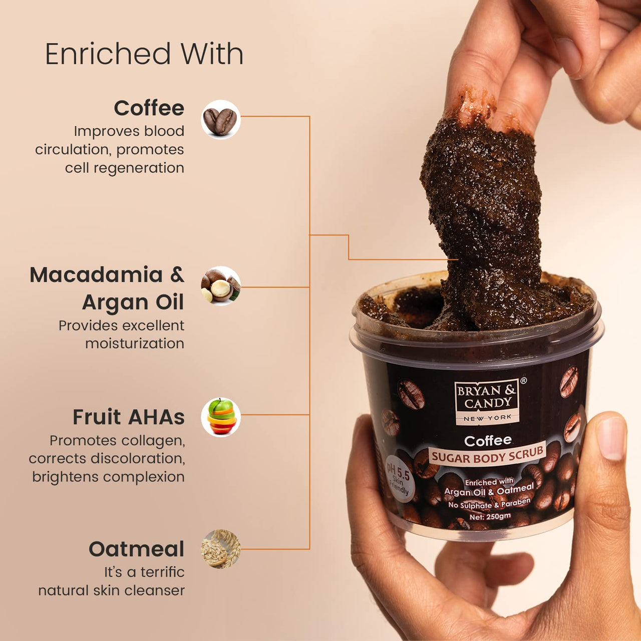 Bryan & Candy Coffee Sugar Body Scrub PH 5.5 For Tan Removal & Exfoliation|For Women & Men|Enriched with Coffee, Macadamia and Argan oil|Removes Dirt & Dead Skin from Neck, Knees, Elbows & Arms - 250g