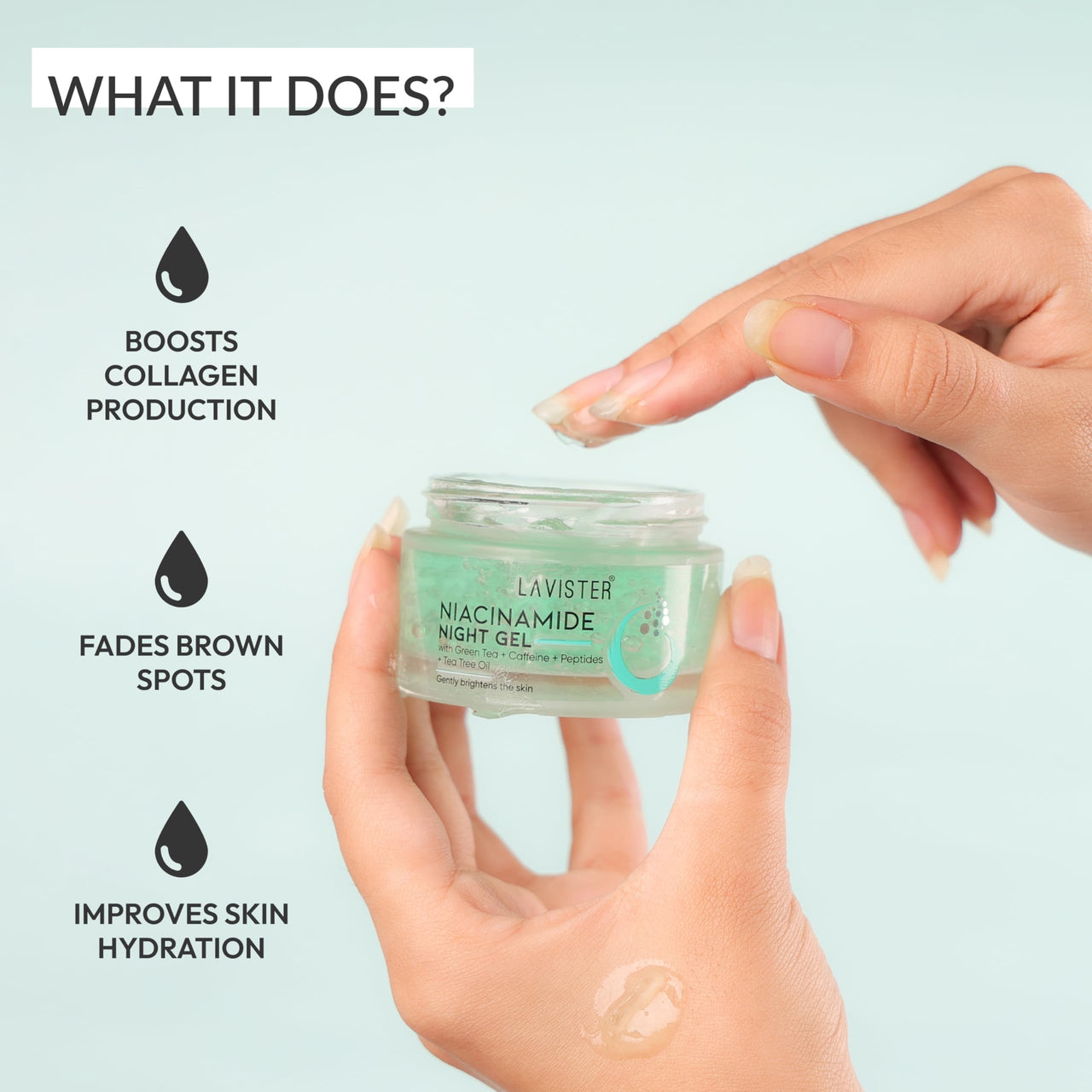 LAVISTER Niacinamide Night Gel for Acne Prone Skin With Peptides, Green Tea, Caffeine,Niacinamides, Tea Tree Oil | Fades Dark Spots, Acne Scars| Improves Skin Hydration| Suitable for All Skin Types | 50g