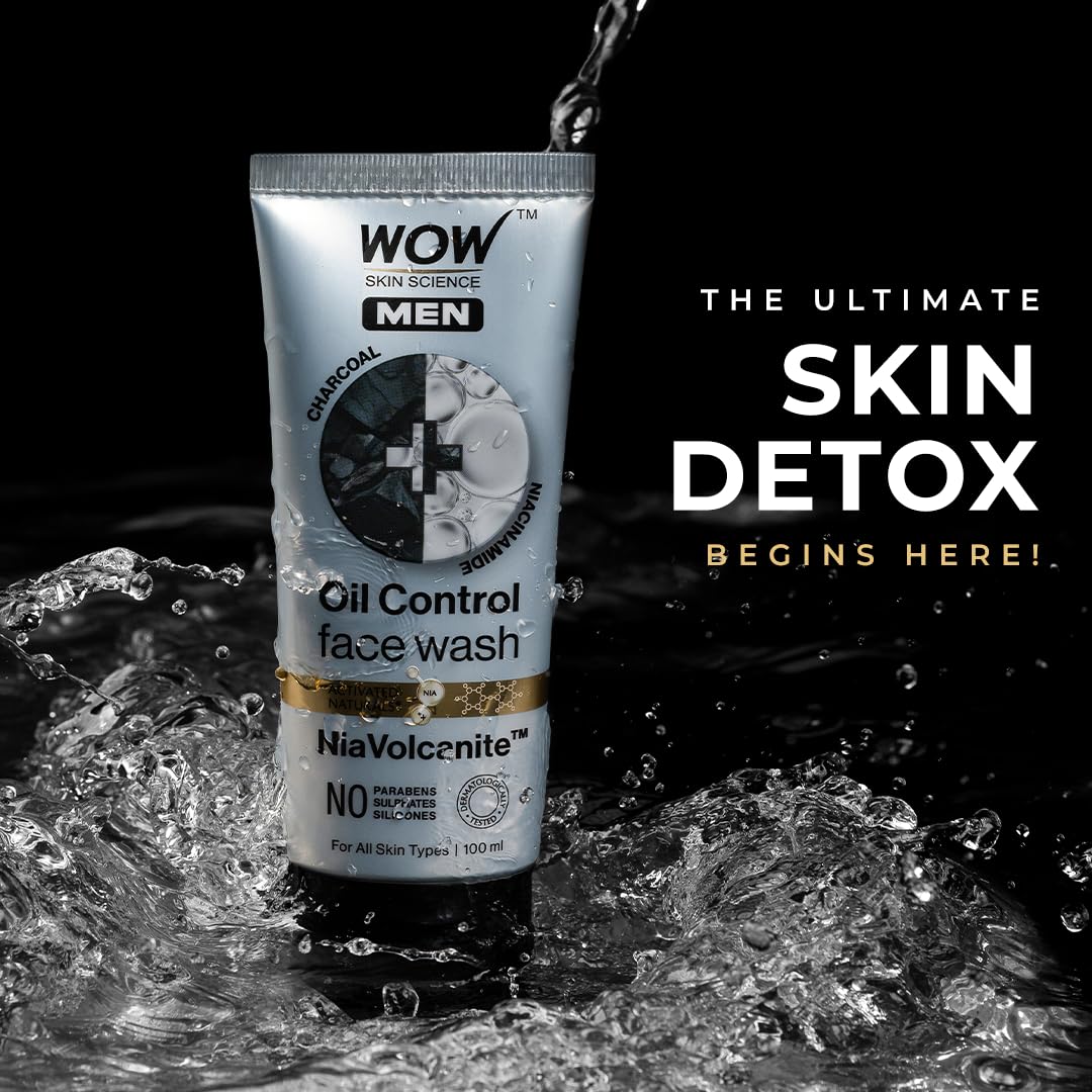 WOW Skin Science MEN CHARCOAL + NIACINAMIDE Oil-Control Face Wash | Absorbs Excess Oil & Deep Cleanses | NiaVolcanite™ Technology | No Sulphates, Parabens, or Silicones | 100ml