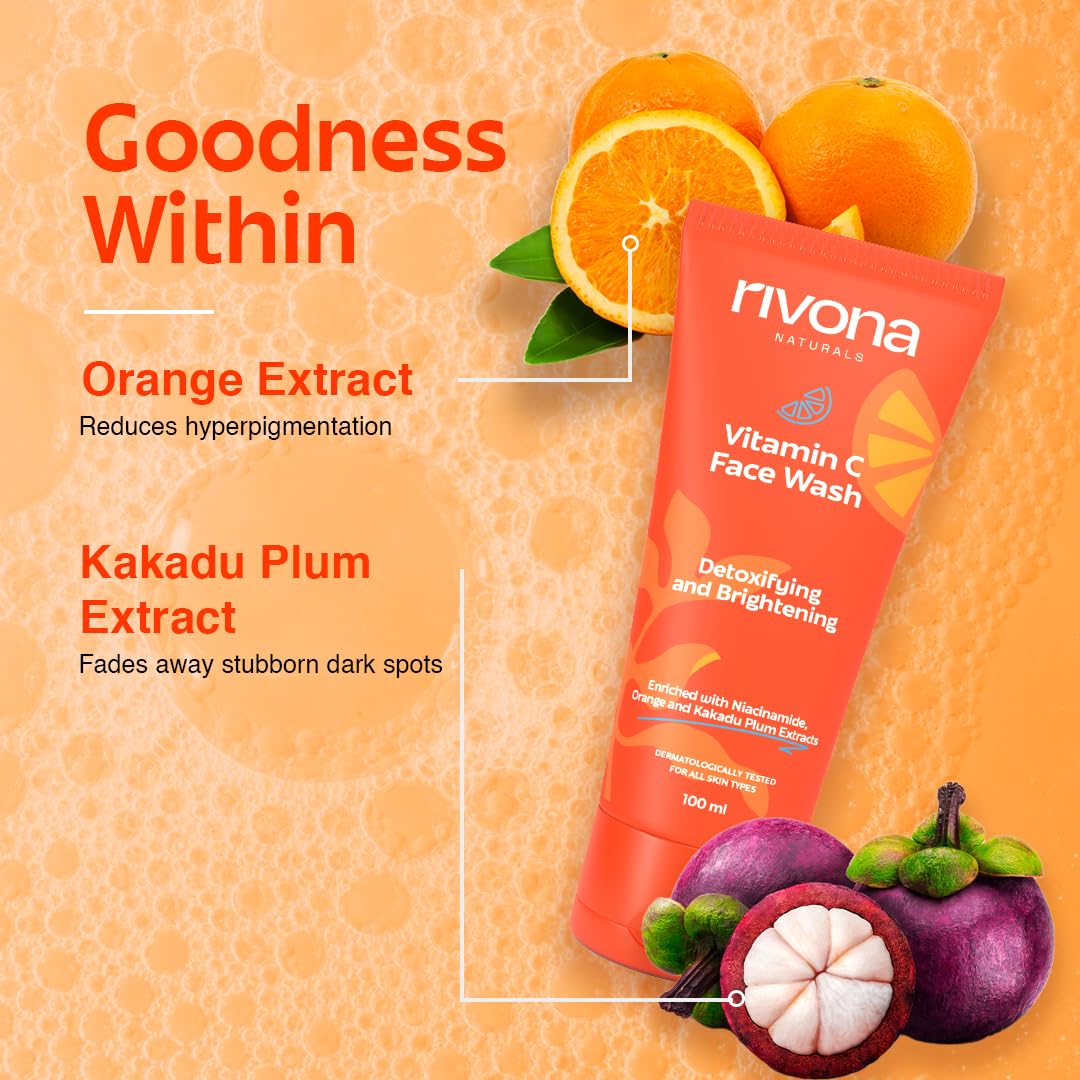 Rivona Naturals Vitamin C Face Wash With Niacinamide & Orange, Kakadu plum| For Women & Men 200ml- Toxin-Free & Oil-Free Face Wash for Acne-Prone, Dry & Oily Skin