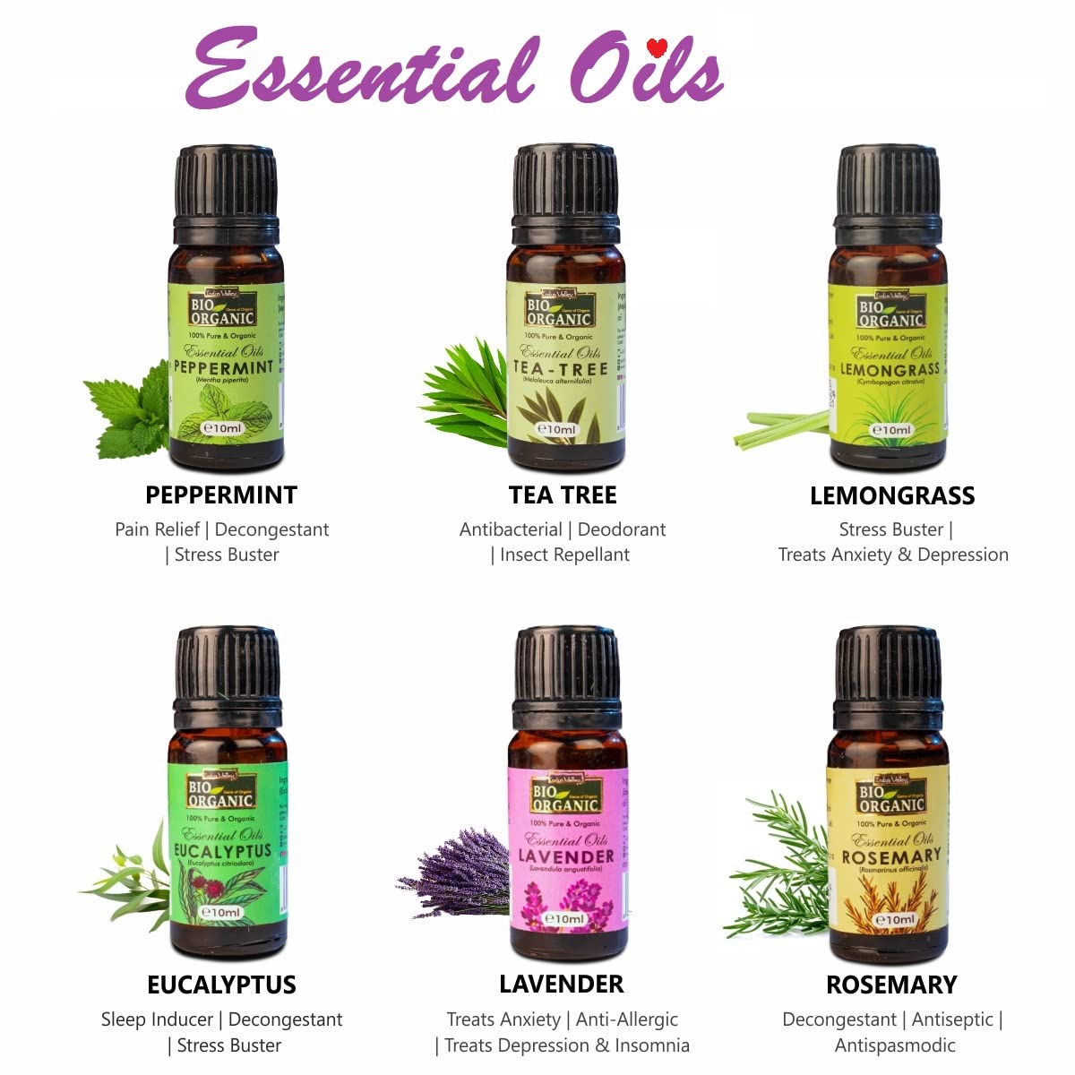 INDUS VALLEY 100% Pure Essential Oils Gift Pack - Peppermint oil,Lemongrass oil, Rosemary oil,Lavender oil,Eucalyptus oil,Tea Tree oil - 10ml * 6=60ml (Pack of 6)
