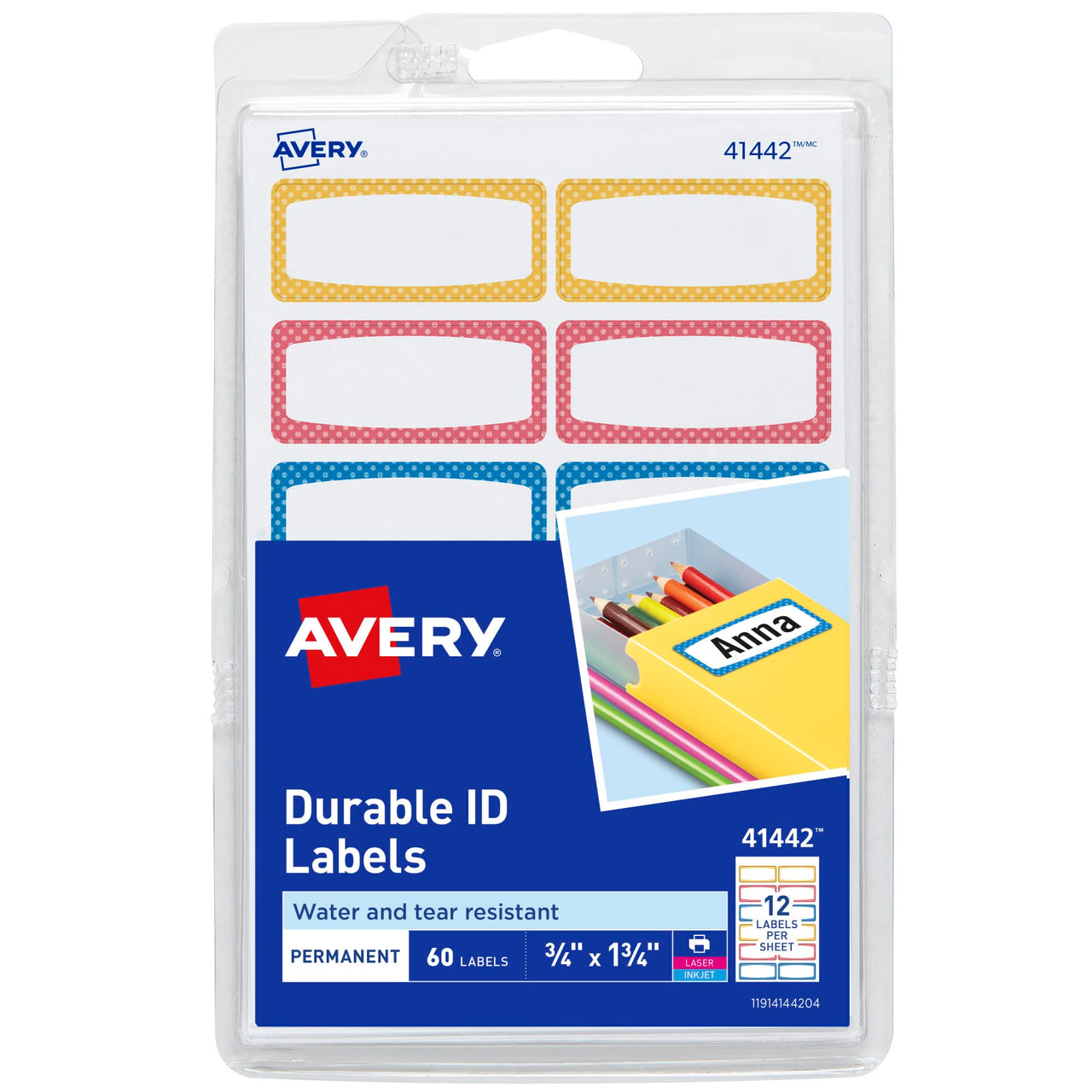 Avery(R) Durable Labels for Kids' Gear, 3/4" x 1-3/4", Assorted Border Colors, Water-Resistant Labels, 60 Rectangle Labels Total (41442) 1 Pack