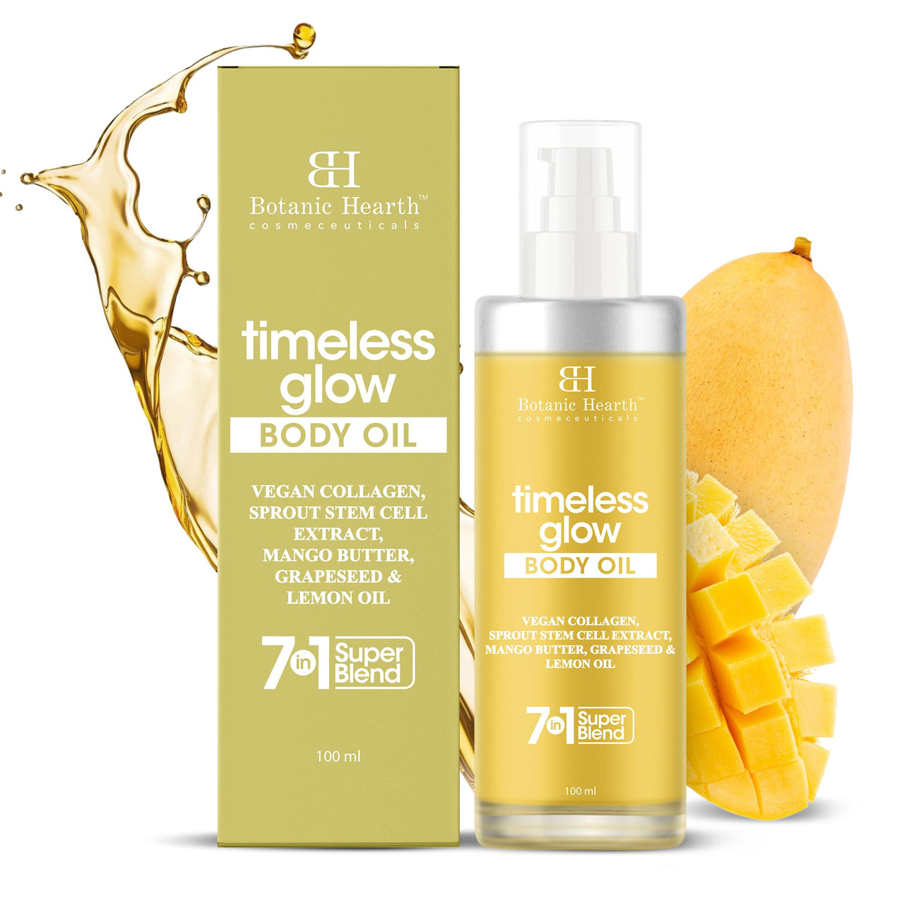Botanic Hearth Timeless Glow Body Oil 100 ml - Anti-Aging Hydrating Oil with Vegan Collagen, Sprout Stem Cell Extract, Mango Butter, Grapeseed & Lemon Oil for Soft & Youthful Skin for Men & Women - in a Premium Glass Bottle