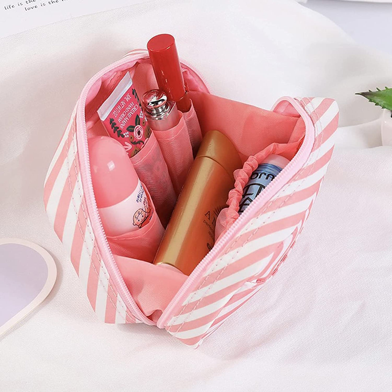 House of Quirk Polyester Makeup Bag Lazy Cosmetic Bag Travel Toiletry Bag Cosmetic Make Up Organizer Waterproof Travel Accessories For Women And Girls (Pink Stripes),W-5 Cm, Small