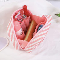House of Quirk Polyester Makeup Bag Lazy Cosmetic Bag Travel Toiletry Bag Cosmetic Make Up Organizer Waterproof Travel Accessories For Women And Girls (Pink Stripes),W-5 Cm, Small