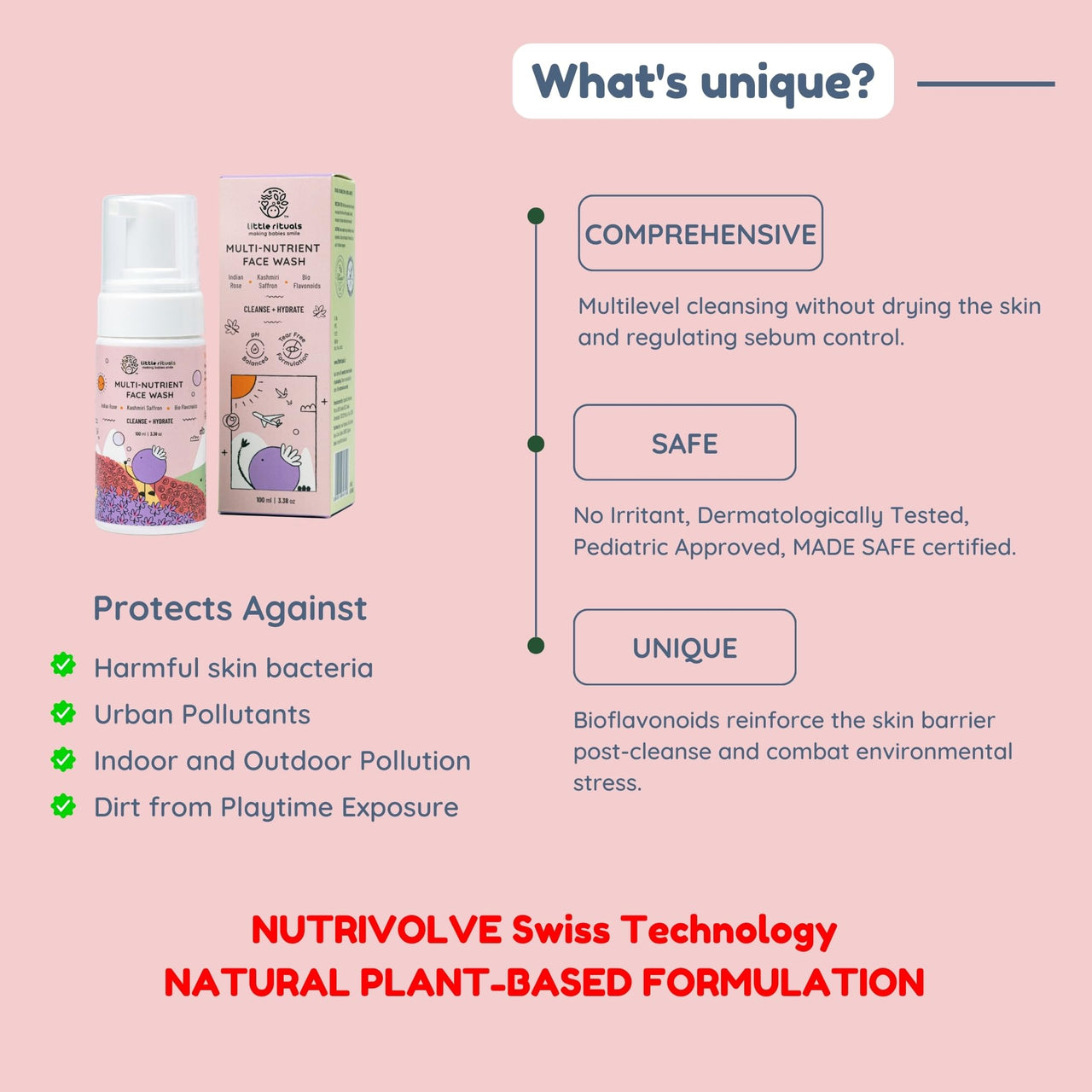 Little Rituals Multi-Nutrient Foaming Face Wash for Babies & Kids | Indian Rose & Kashmiri Saffron | Bio Flavonoids | Cleanse + Hydrate | pH Balanced, Tear-Free | MADE SAFE | 0M+ | 100 ml