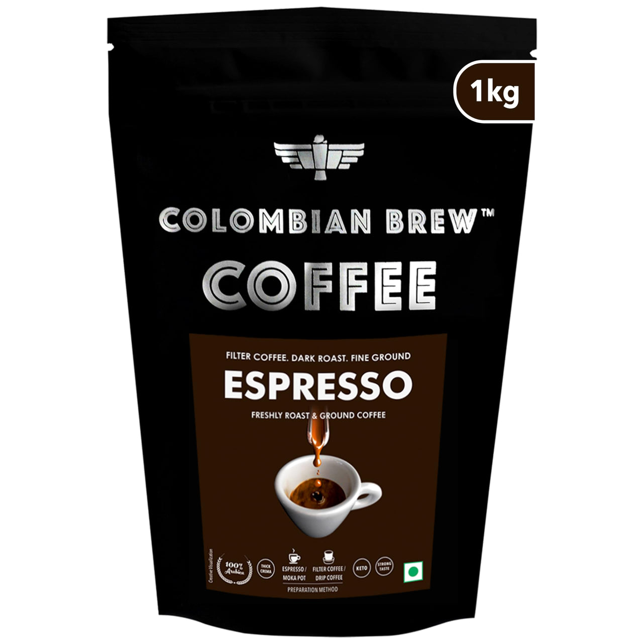 Colombian Brew Arabica Espresso Filter Coffee Powder, Roast & Ground Strong, 1kg