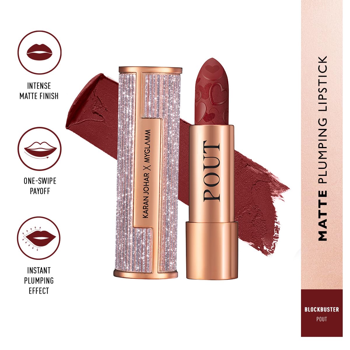 MyGlamm POUT by Karan Johar Intense Matte Plumping Lipstick - Blockbuster Pout (Deep Red Shade) | Highly Pigmented, Long Lasting, Lightweight, Creamy Matte Lipstick For Lip Makeup (4g)