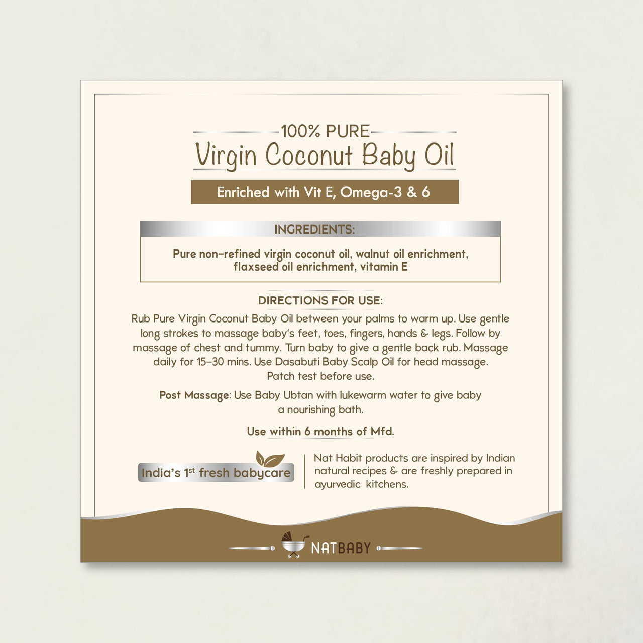 Nat Habit 100% Pure Virgin Coconut Baby Massage Oil For Baby Skin & Hair, Enriched With Vit E & Omega-3, 6 Non-Refined, LLP Free, Chemical & Preservative Free - 100 ml