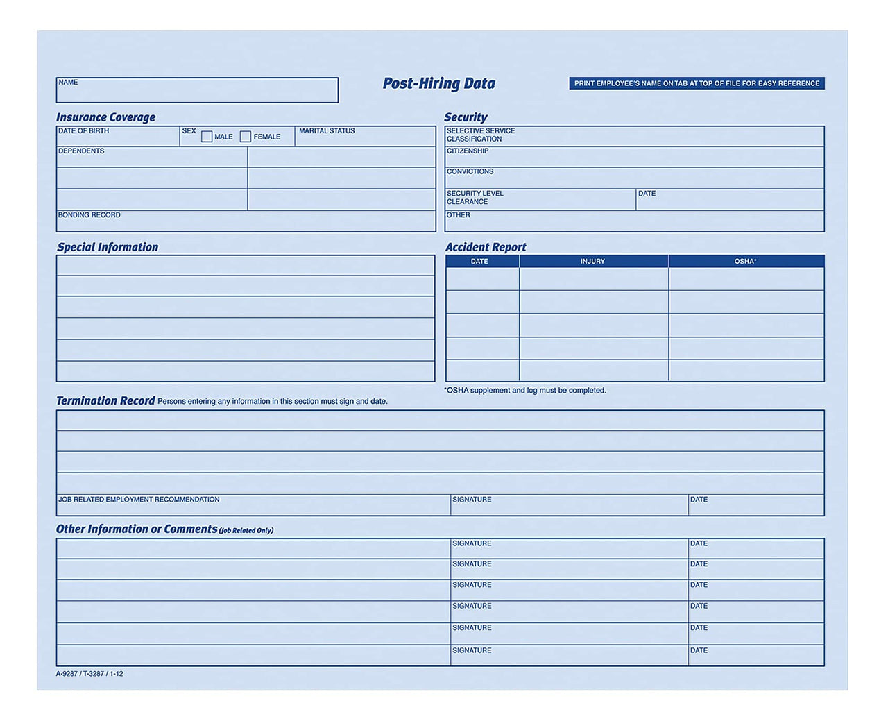 Adams Employees Personnel File Folder, Heavy Card Stock, 11-3/4 x 9-1/2 Inches, Pack of 20 Folders (9287ABF) ,Blue/White 1 PACK