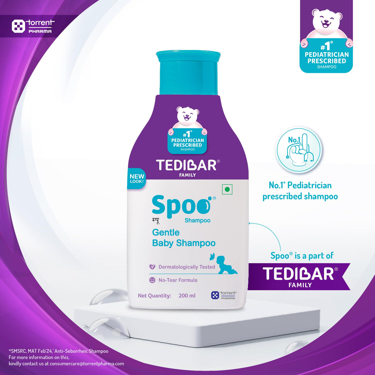 SPOO Tedibar Gentle Baby Shampoo 200Ml No Tears|Gentle On Scalp|No.1 Pediatrician Prescribed Shampoo*- By Torrent Pharma (Pack Of 2)