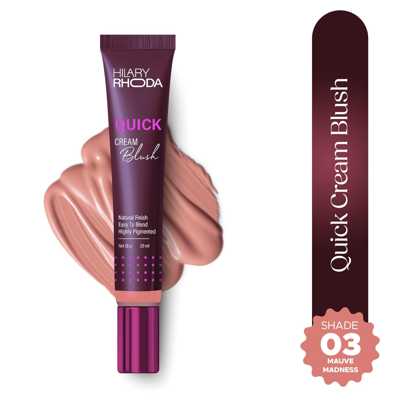 Hilary Rhoda Quick Cream Blush | Highly Pigmented & Dewy Finish | Long-Lasting | Buildable Coverage | Weightless & Easy to Apply | Cream Blush | 20 ml (Mauve Madness - Shade 03)