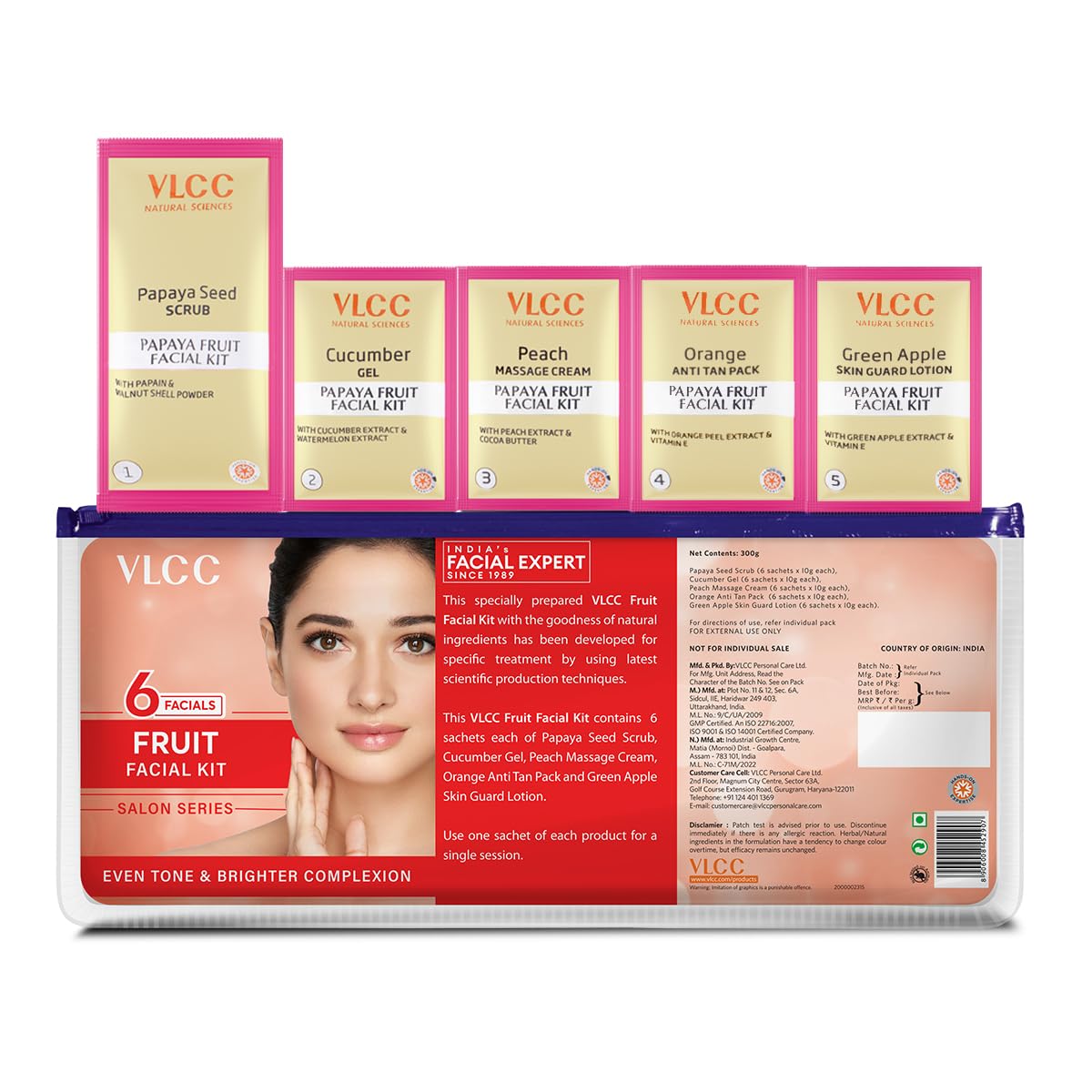 VLCC Salon Series Fruit Facial Kit - ( 6 Facials ) - 300g | At Home Fruit Facial | Tightens Skin, Lightens Dark Spots & Brightens Skin Tone | Papaya, Cucumber, Peach, Orange & Green Apple.