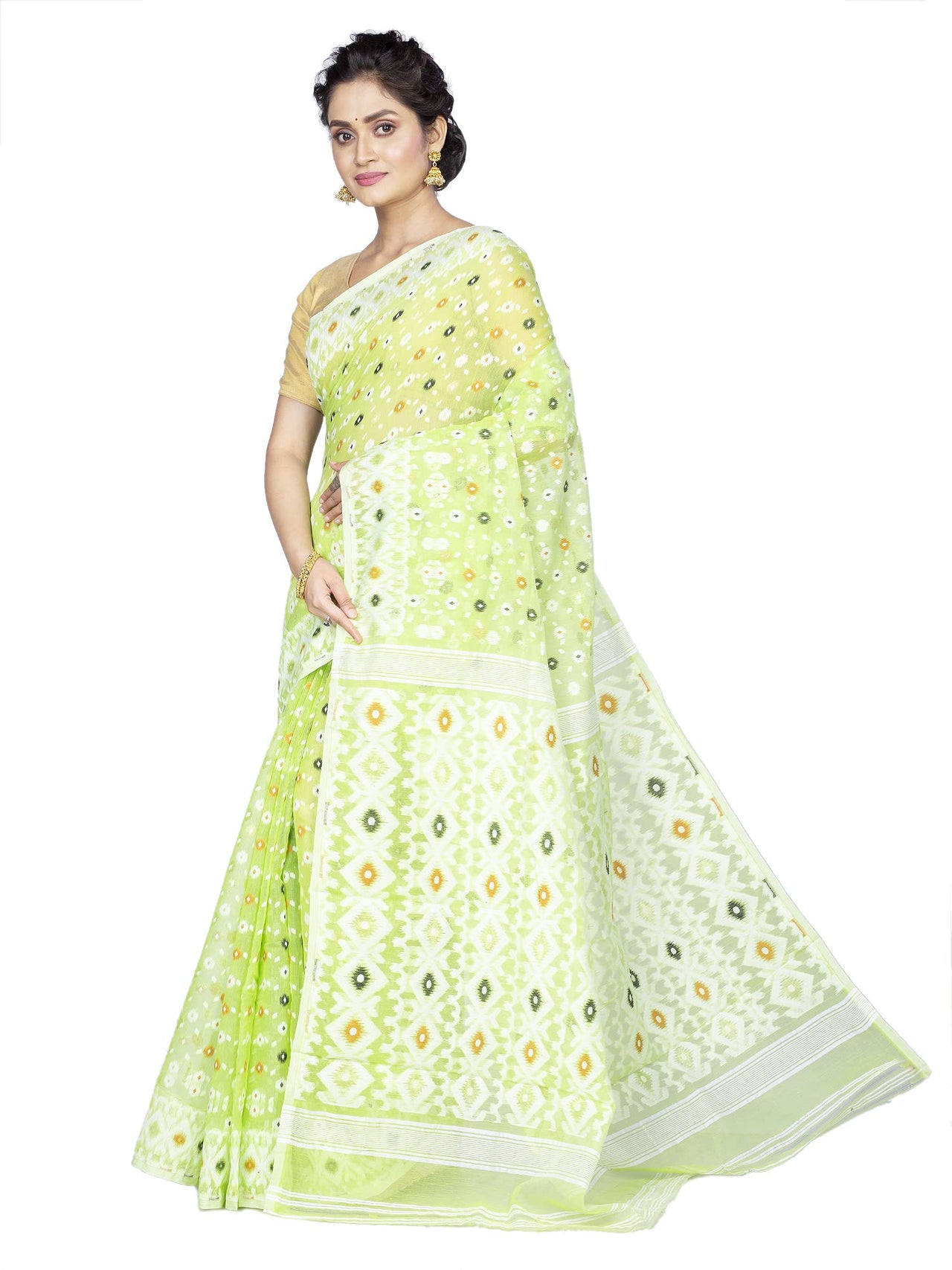 T.J. SAREES Women's  Jamdani Silk Blend Saree Without Blouse Piece