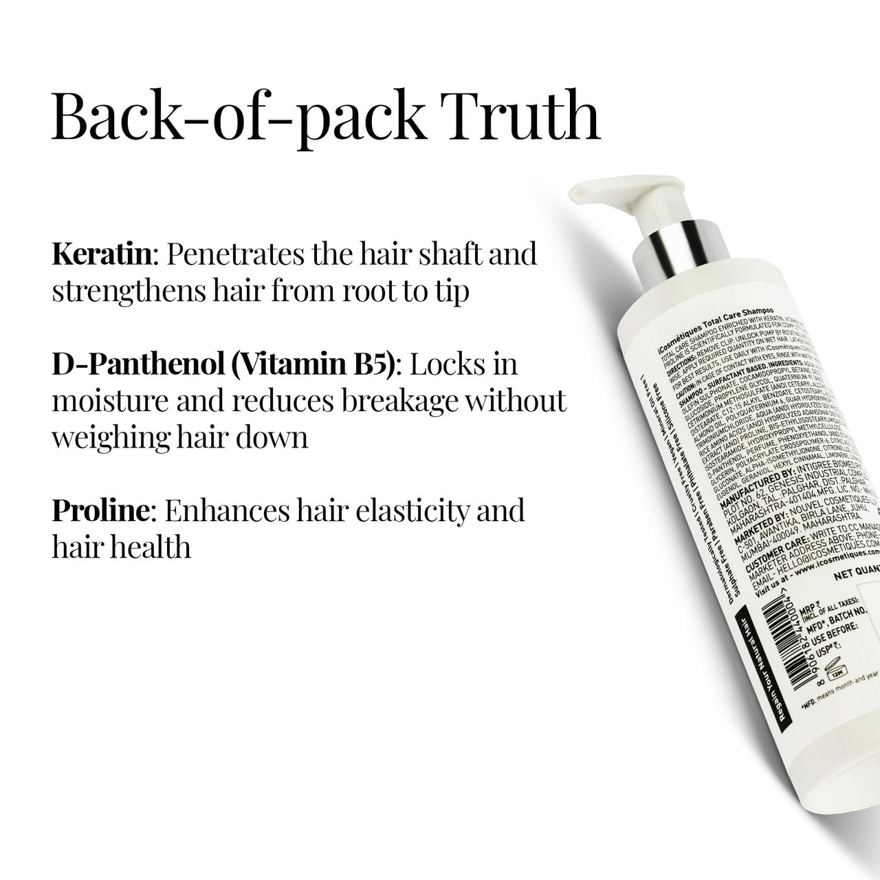 iCosmetiques Sulphate Free Shampoo |Reduces Hair Fall & Frizz |Keratin, Proline, B5 |Strengthens Roots | Silicone and Paraben Free |Unisex Total Care Formula |500ml