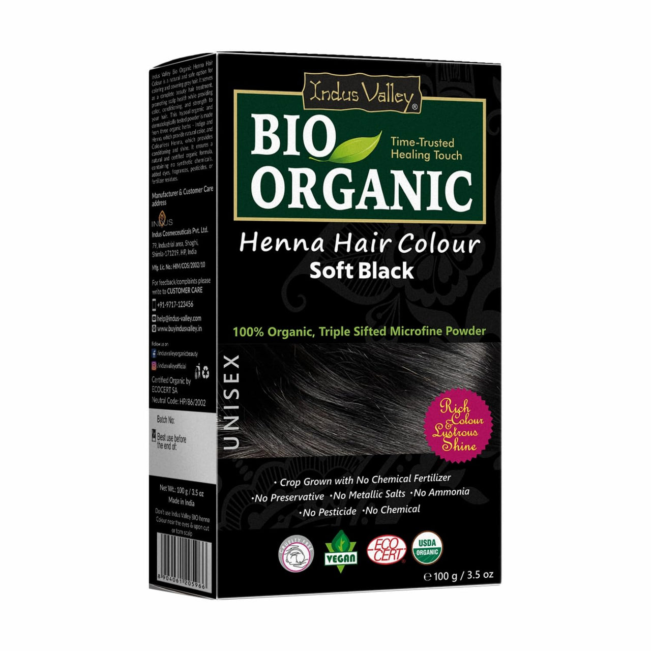 INDUS VALLEY 100% Organic Henna Hair Color (Soft Black)-100 g Pack of 1