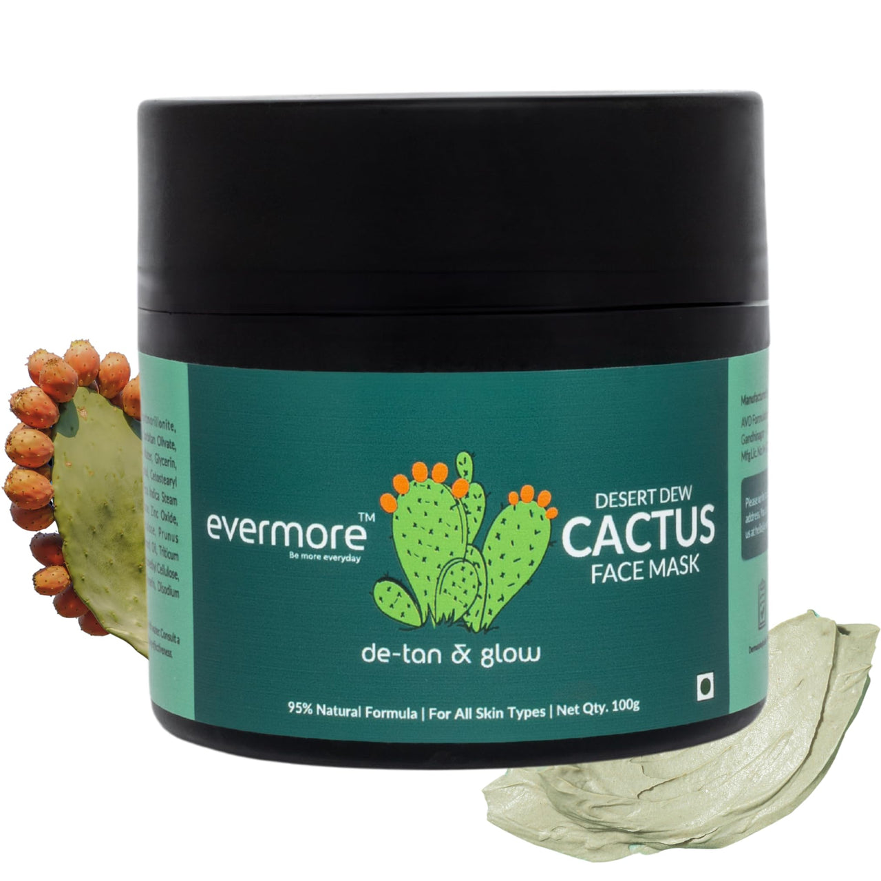 Evermore Mexican Cactus De-Tan Face Mask for Glowing Skin | Kaolin Clay, Kojic Acid, Niacinamide | Removes Tan, Deep Cleanses Pores, Controls Oil, Hydrates & Soothes | For All Skin Types - 100g (Pack of 1)