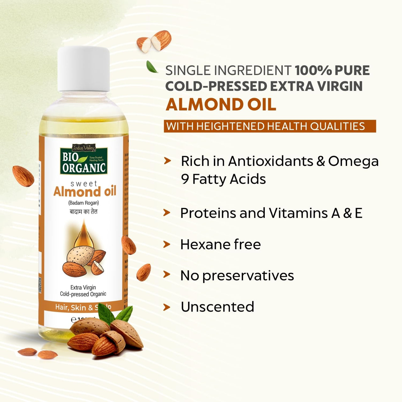 INDUS VALLEY Roghan Badam Sweet Almond Oil for Hair & Skin No Mineral Oil & Sulphate - Set of 2 (100ml*2=200ml)