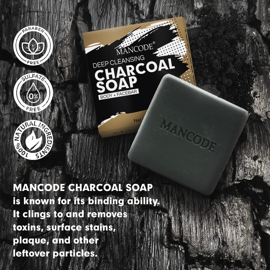 Mancode Activated Charcoal Soap - 125gram | Treats Oily Skin | Refreshing | Black Color Bar Soap | Natural Essential Oil Extract - 100% Vegetable Soap | Suitable for All Skin Types Pack of 3