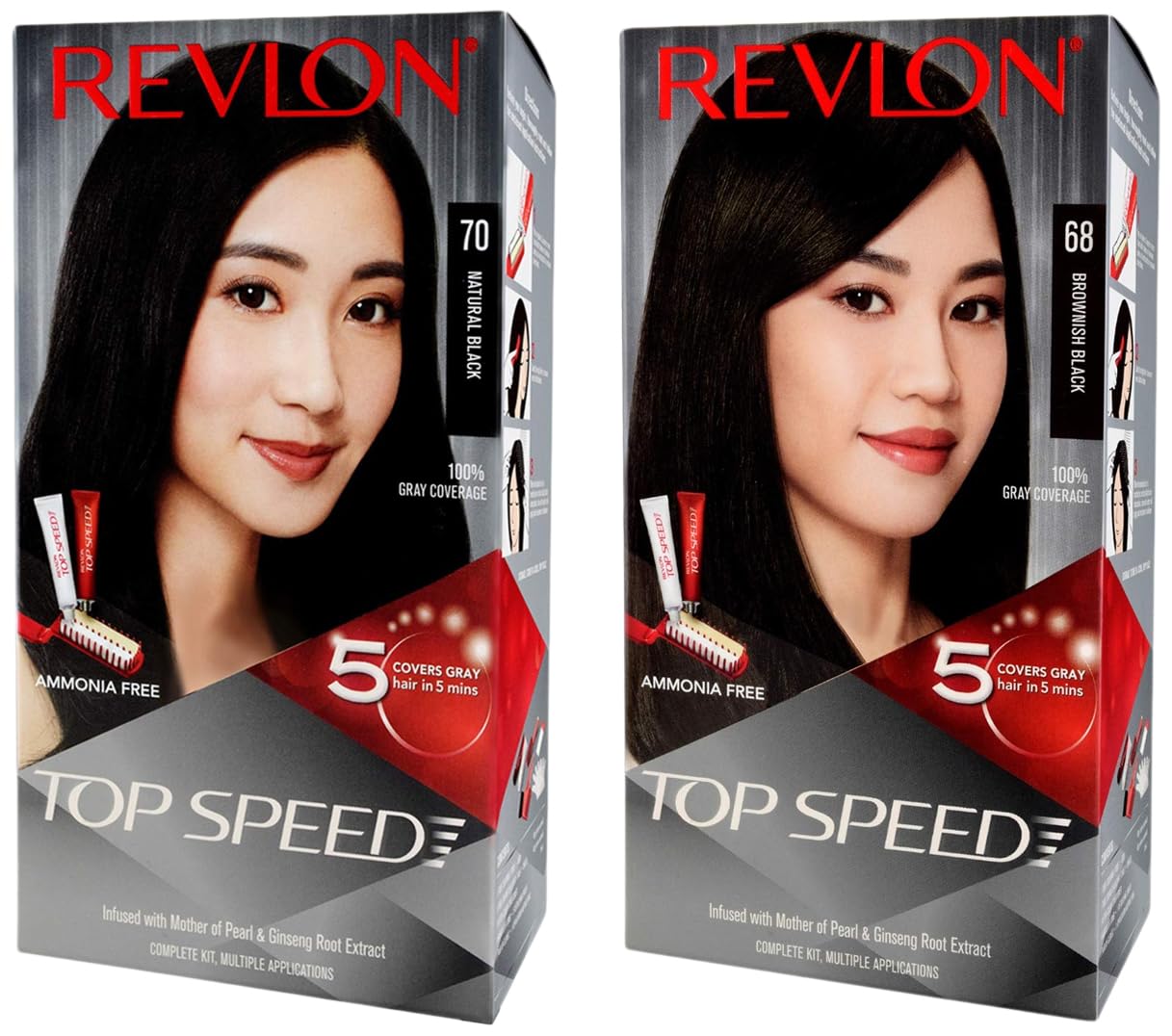 Revlon Top Speed Hair color Women, Brownish Black 68 |No ammonia | With Ginseng root extract and mother of pearl & Revlon Top Speed Hair Color for Women, 180g - Natural Black 70 (Pack of 1)