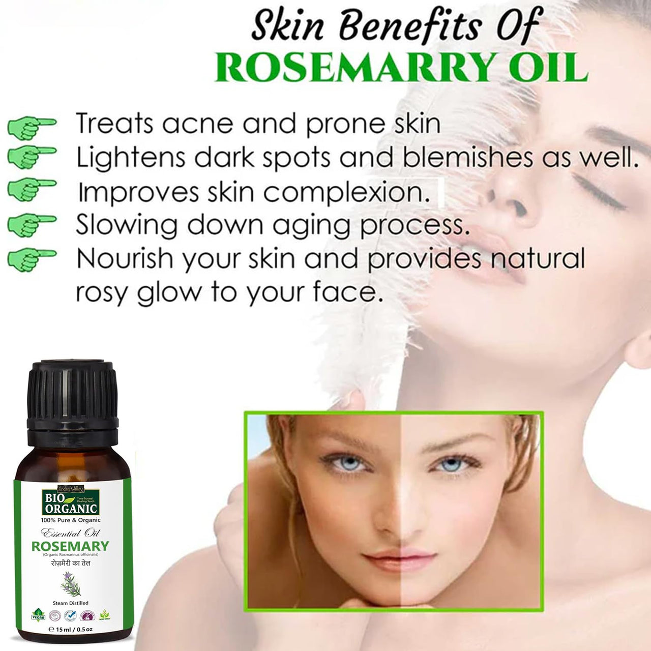 Indus Valley 100% Pure Natural & Organic, Undiluted Rosemary Essential Oil with Glass Dropper for Skin, Hair Care -15ml