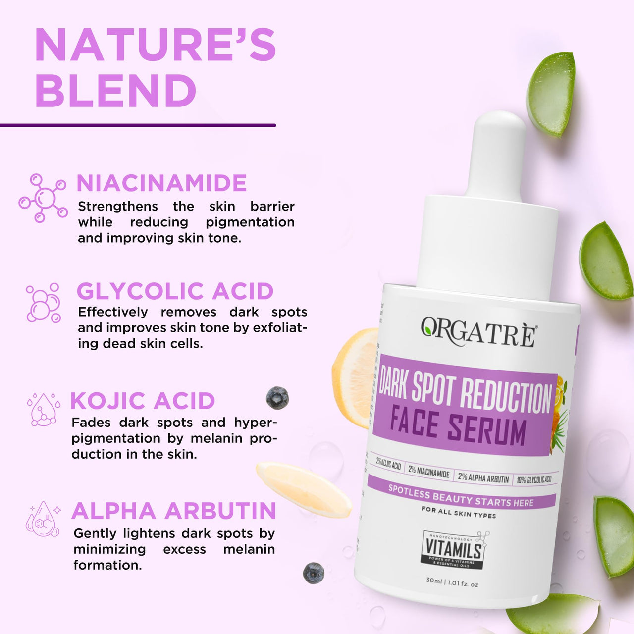Orgatre Dark Spot Correcting Face Serum for Glowing Skin | With 2% Kojic Acid, Alpha Arbutin & Niacinamide | Reduces Dark Spots, Acne Marks Corrector, Pigmentation & Blemishes – 30ml