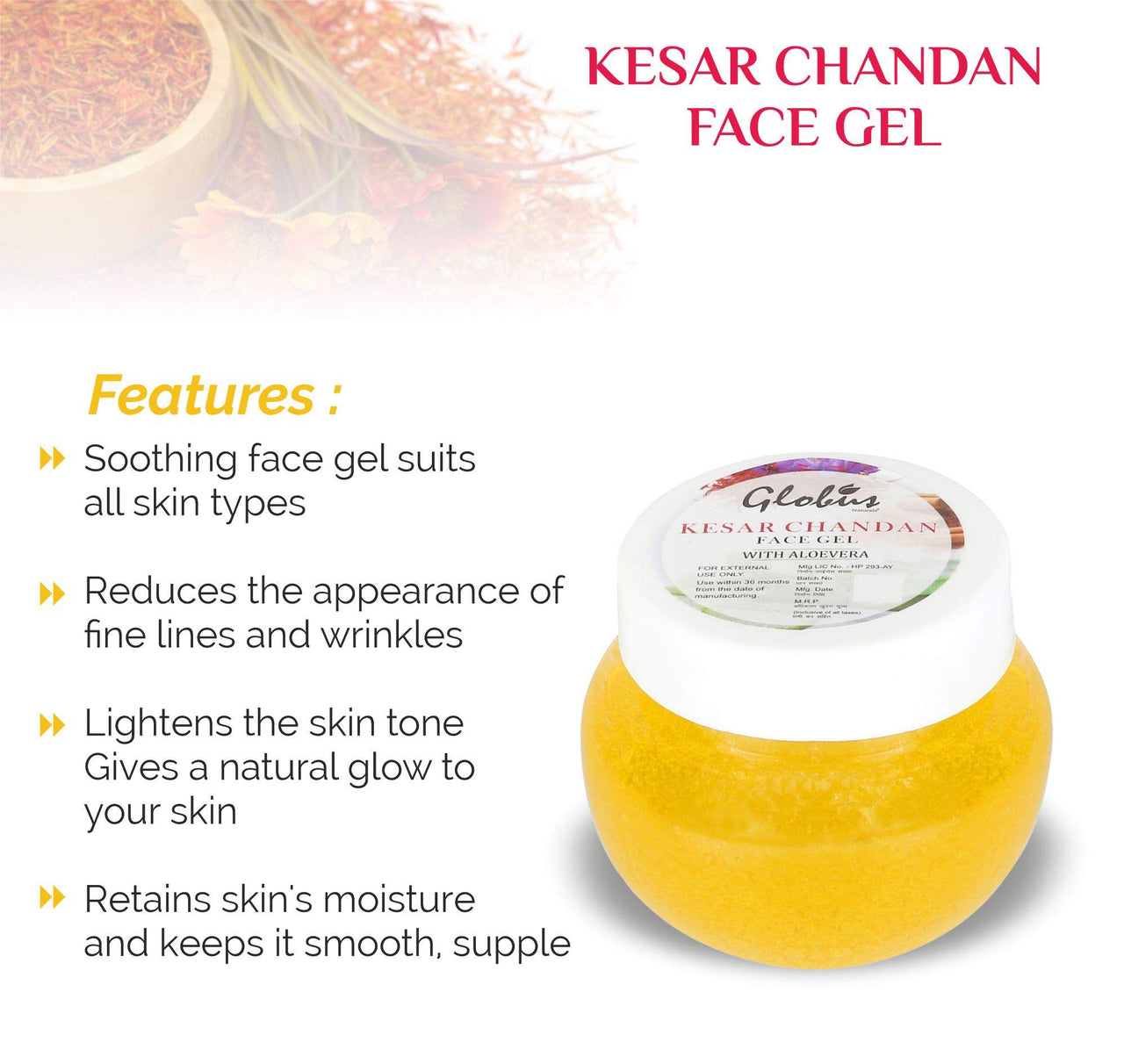 Globus Naturals Kesar Chandan Face Gel with Aloe vera, 100gms