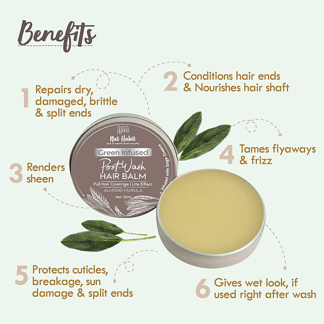 Nat Habit Almond Marula Hair Balm For Men & Women Split Ends, Smoothening, Straightening, Conditioning & Frizzy Hair- Infused with Sage Leaves & Oils (Pack of 1, 25ml)