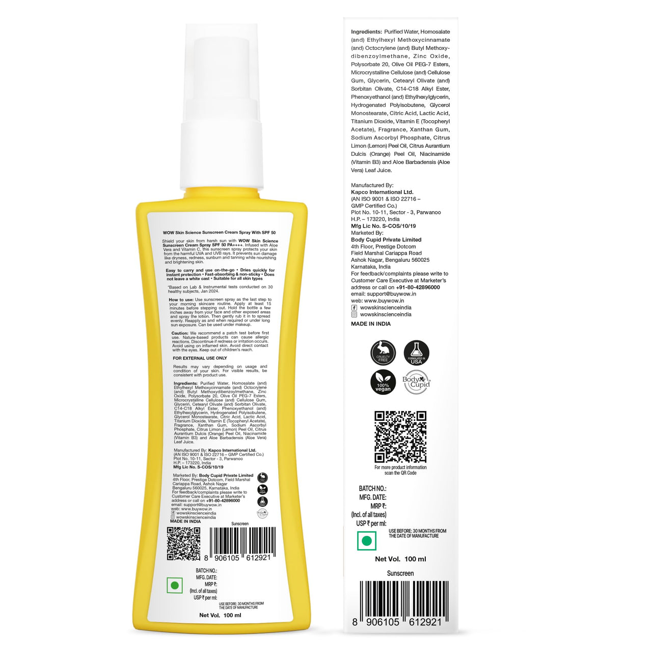 WOW Skin Science Sunscreen Spray | For All Skin Types| SPF 50 PA++++ | Brightens Skin | With Aloe Vera & Vitamin C| Lightweight | Quick Absorbing | UVA & UVB Protection | 100mL
