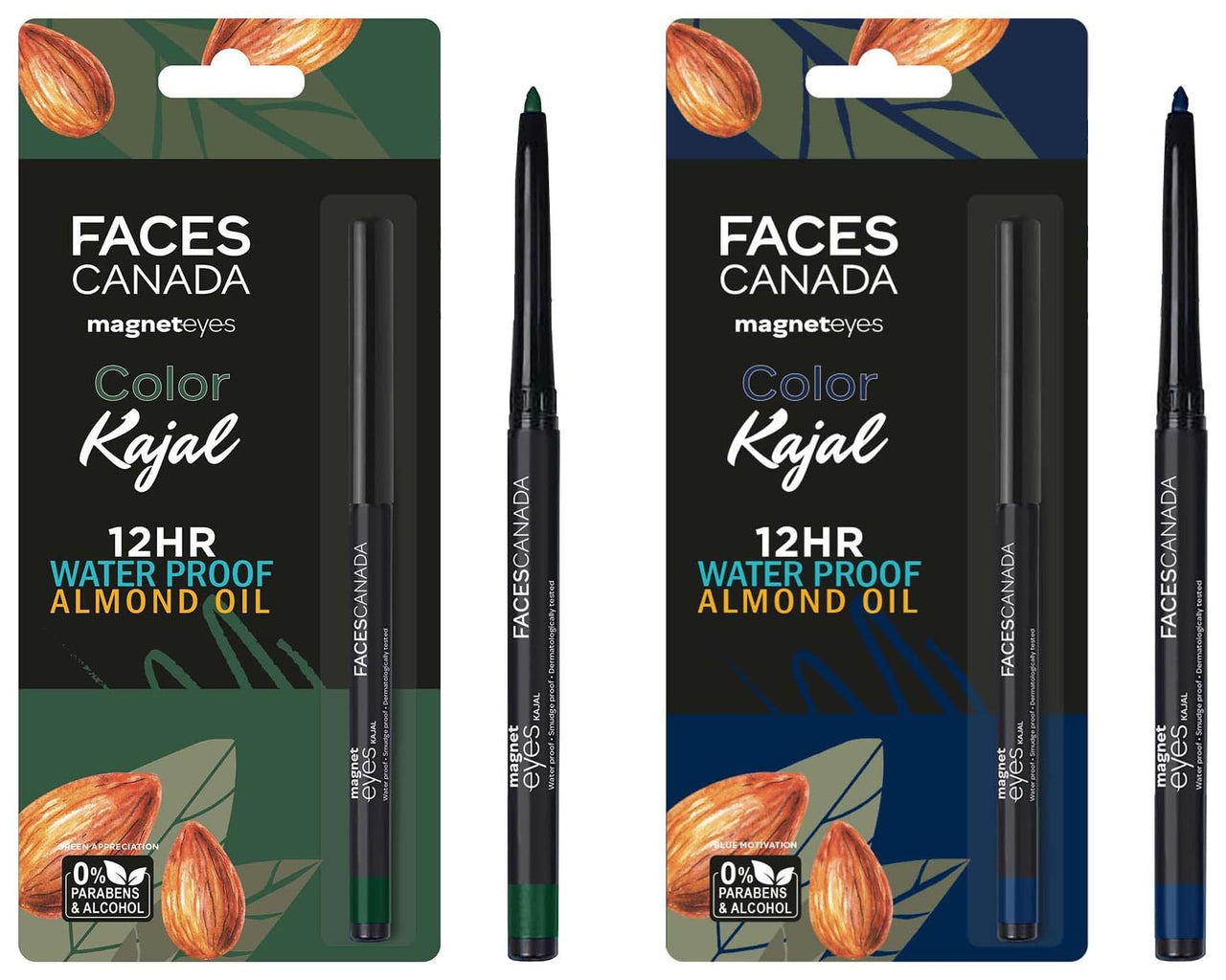 FACESCANADA Magneteyes Color Pencil Kajal - Green Appreciation 02 & Magneteyes Color Kajal - Blue Motivation 01, Matte Finish
