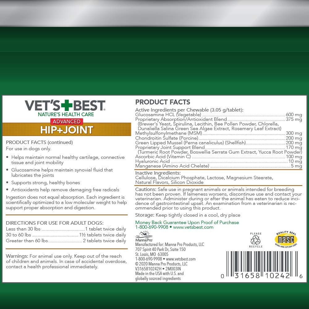 Vet's  Best Advanced Hip & Joint Dog Supplements, 90 Chewable Tablets 90 Tablets