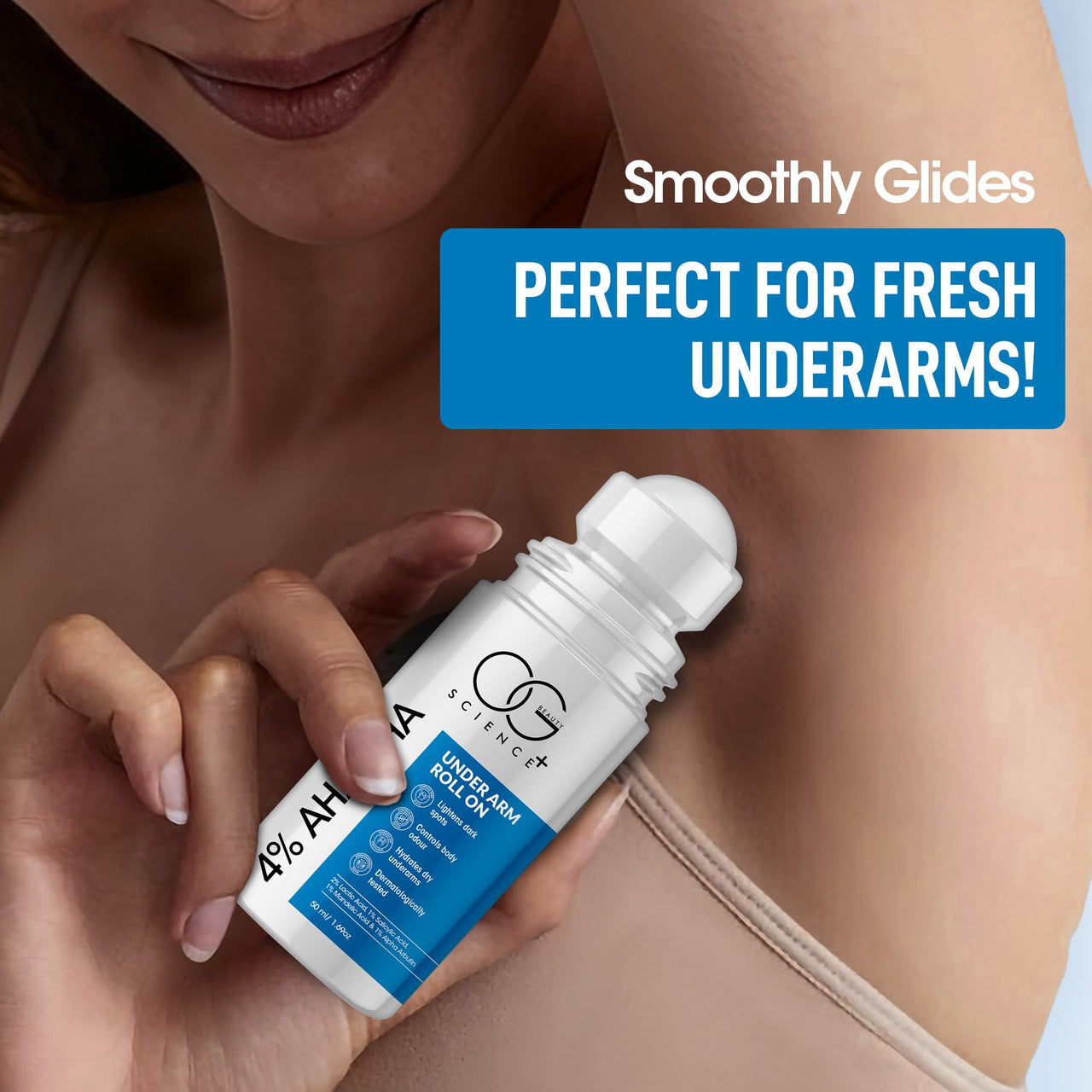 OG BEAUTY Science+ 4% AHA BHA Underarm Roll On | 2% Lactic 1% Salicylic 1% Mandelic Acid 1% Alpha Arbutin | Lightens Dark Spots Evens Skin Tone Controls Odour | Gentle Hydrating | 50ml