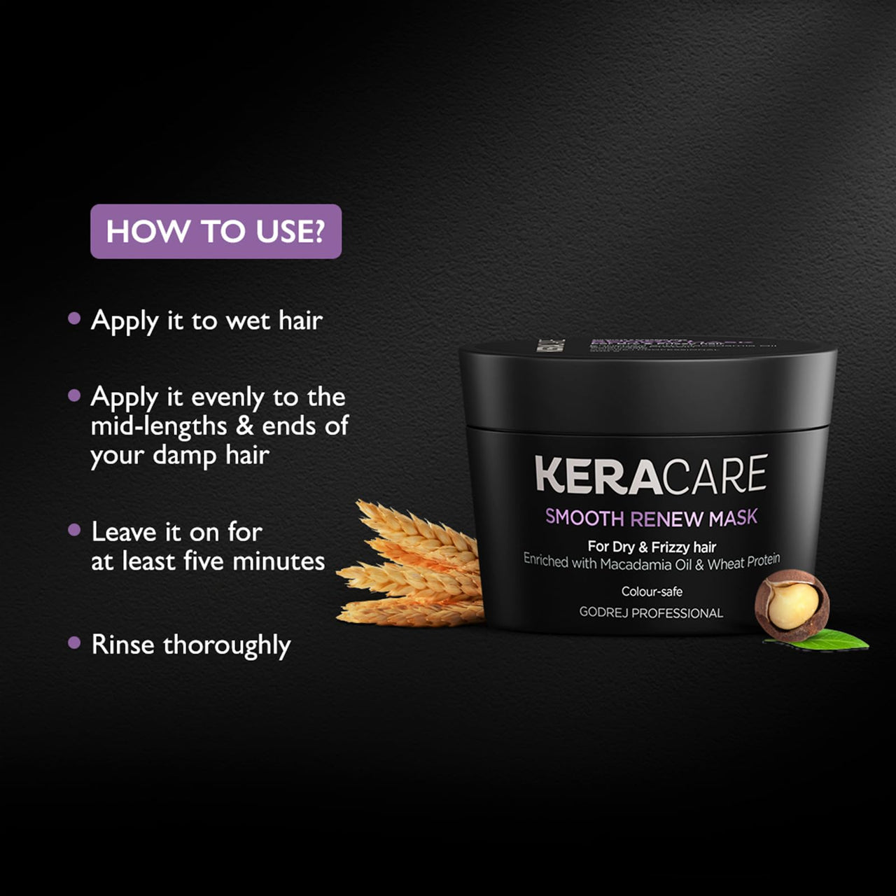 Godrej Professional Keracare Smooth Renew Mask (200g) | Manages dryness and frizz | Enriched with Macadamia Oil & Hydrolyzed Wheat Protein