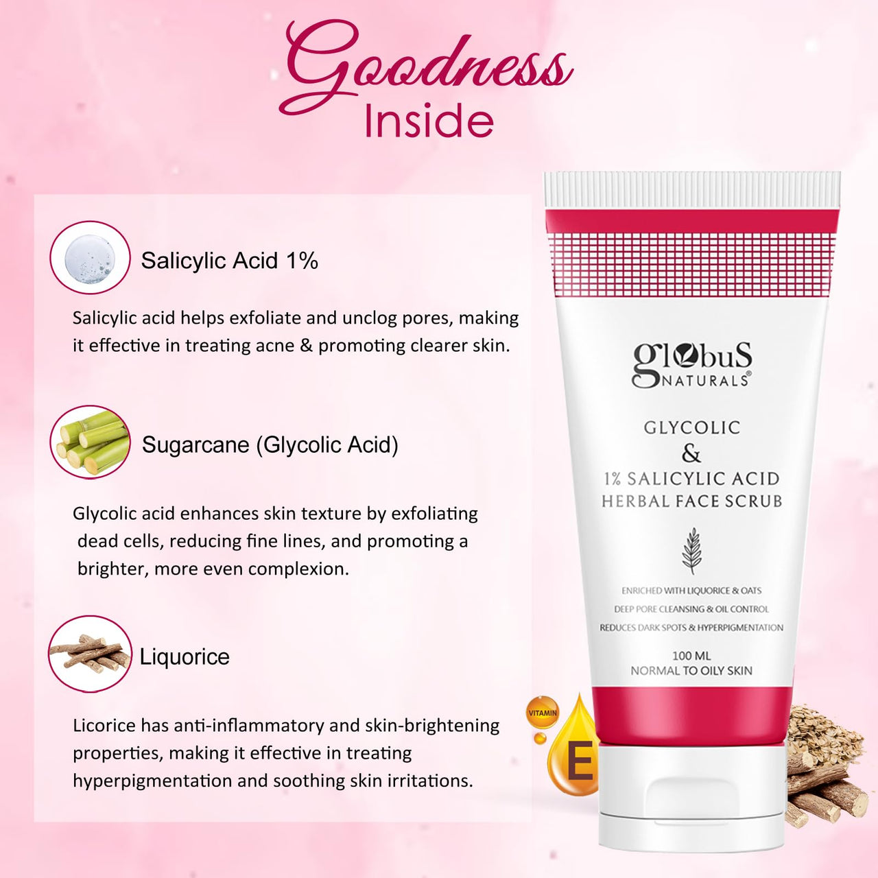 Globus Naturals Glycolic & 1% Salicylic Acid Herbal Anti Acne Face Scrub, Enriched with Liquorice & Oats, Deep Pore Cleansing & Oil Control, Reduces Dark spots & Hyperpigmentation, 100 gm