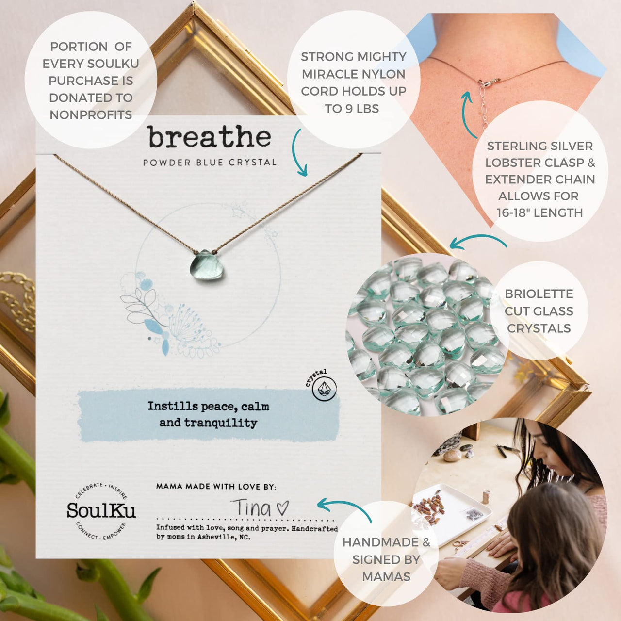 SoulKu Soul Shine Handmade Necklace, Empowering Jewelry With Healing Crystal, Inspirational Jewelry For Women, Mom & Sister, 2"" Extender With Lobster Clasp, 16"" Nylon Cord (Powder Blue, Breathe) Powder Blue