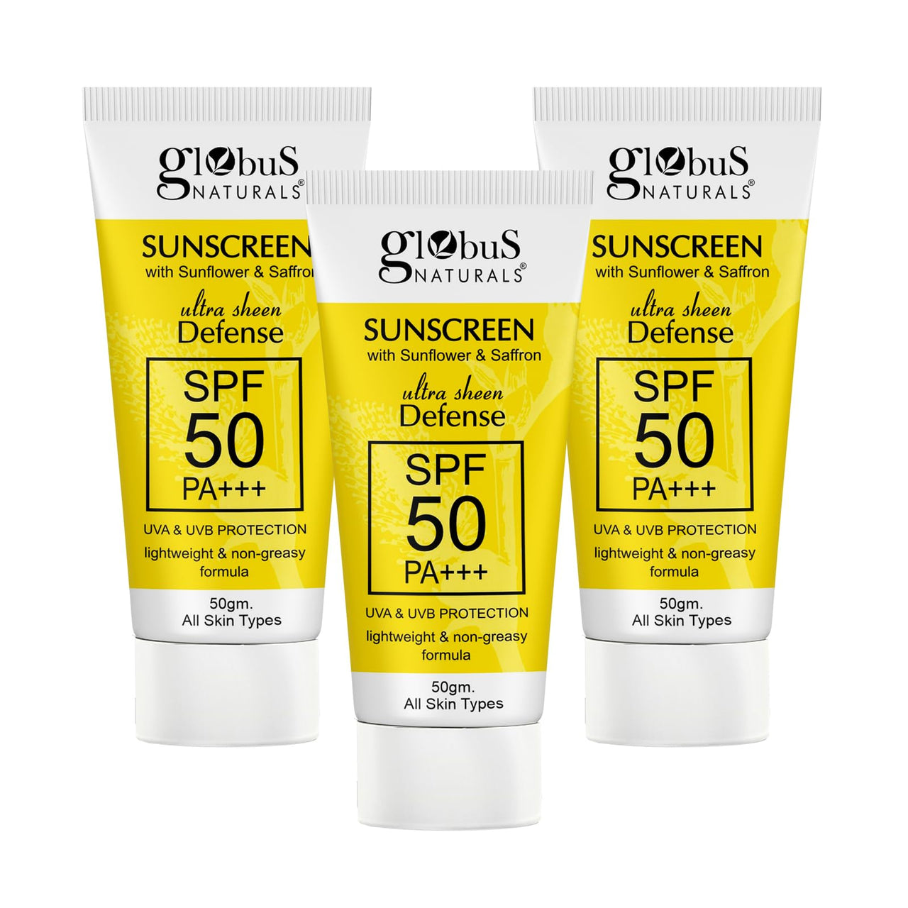 Globus Naturals Sunscreen with Ultra Sheen Defense, SPF 50 PA+++, UVA & UVB Protection, Lightweight & Non-greesy Formula, Normal to Oily Skin, 50 gm (Pack of 3)