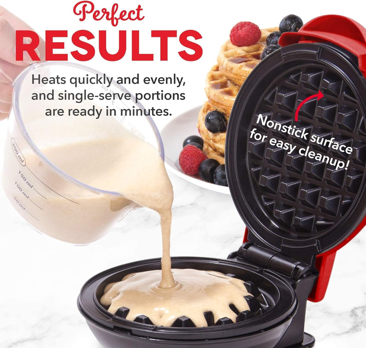 DASH Mini Maker for Individual Waffles, Hash Browns, Keto Chaffles with Easy to Clean, Non-Stick Surfaces, 4 Inch, Red Waffle Maker