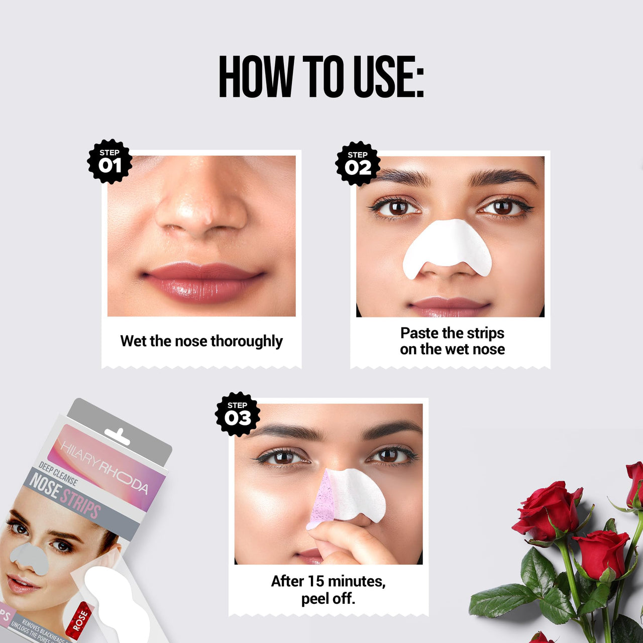 Hilary Rhoda Deep Cleanse Nose Strips | Instant Removal | Removes Blackheads & Whiteheads | Deep Cleanses Skin & Removes Dirt & Oil | 10 Strips (Rose - Shade 02)