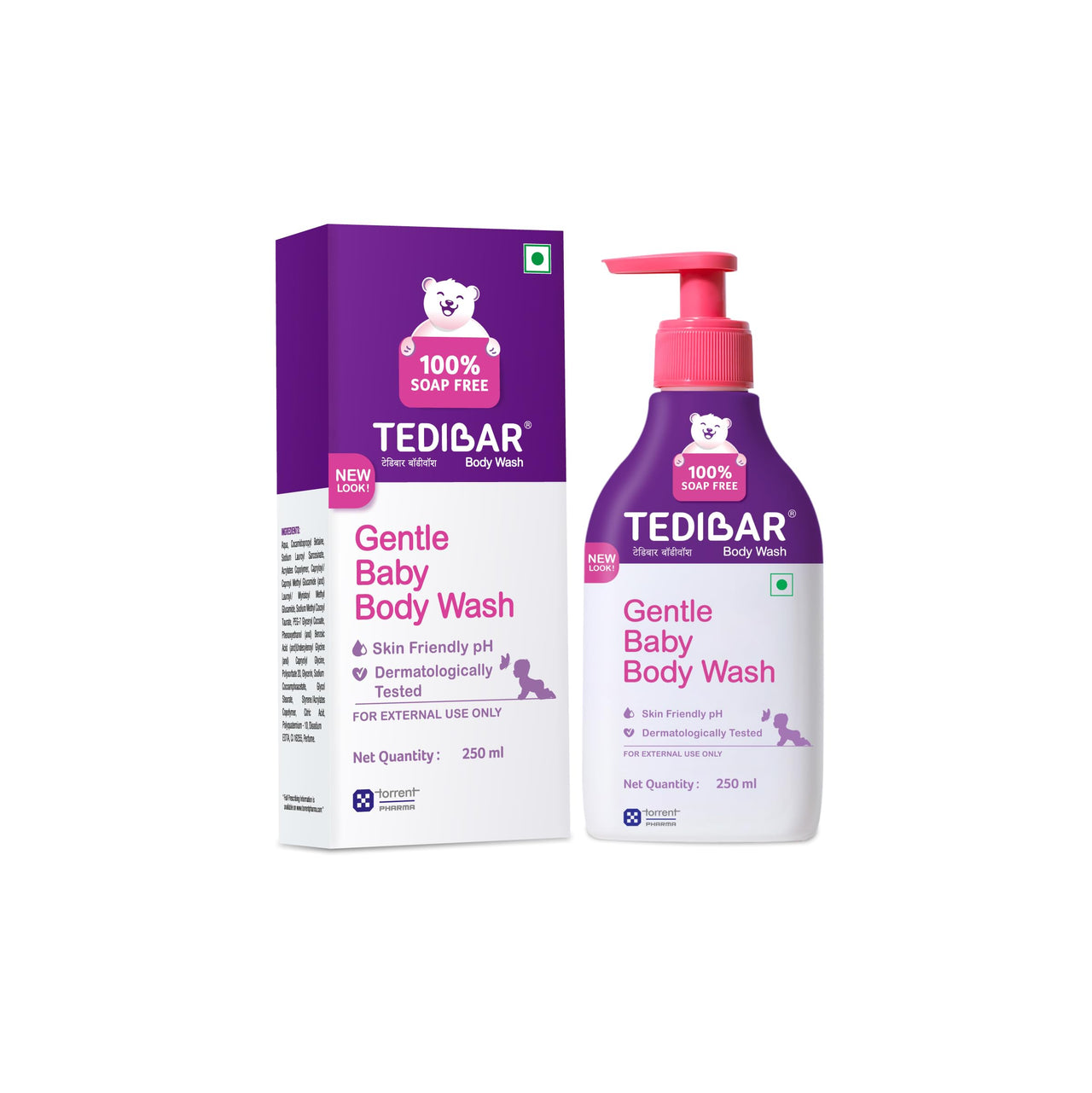 Tedibar Rich Moisturising Baby Body Wash 250ml with Skin Friendly PH | 100% Soap & Alkali Free With Tedibar Moisturising Baby Bathing Bar 75g(Pack of 1) with Skin Friendly PH- By Torrent Pharma