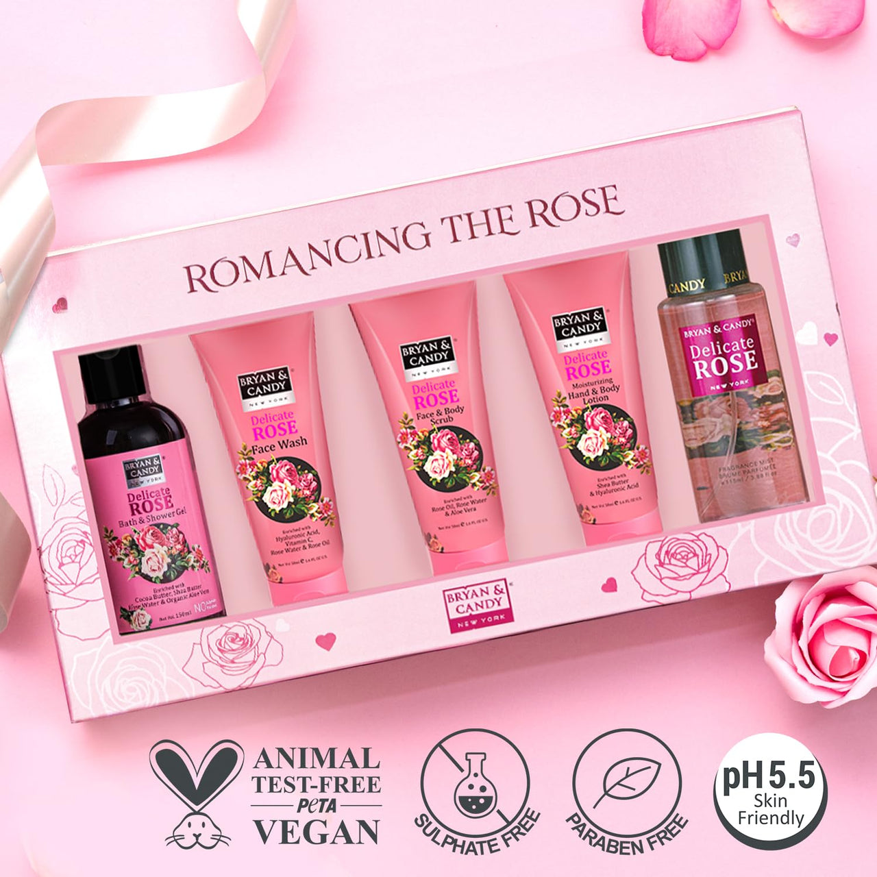Bryan & Candy Romancing The Rose Complete Face & Body Care | Women's Day Gift Set For Women |Shower Gel , Face Wash, Face Scrub , Fragrance Mist, Hand & Body Lotion| 100% Vegan, Skin-Friendly pH 5.5 for All Skin Types,SLS & Paraben Free |