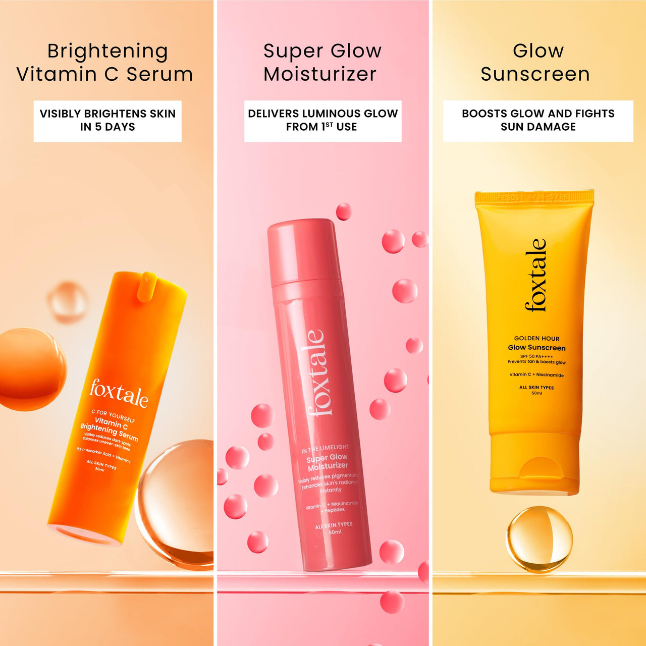 Foxtale Unstoppable Glow Combo | SPF 50 Sunscreen, Vitamin C Serum & Super Glow Moisturizer | Brightens Skin, Fades Dark Spots & Reduces Pigmentation | Vitamin C, Niacinamide & Peptides | Hydrating, Non-Sticky, Lightweight | For All Skin Types