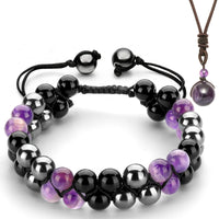 Triple Protection Bracelet for Women, Handmade Bracelet for Men Genuine Amethyst Black Obsidian Hematite 8mm Healing Crystal Bracelets Bring Luck Prosperity Happiness